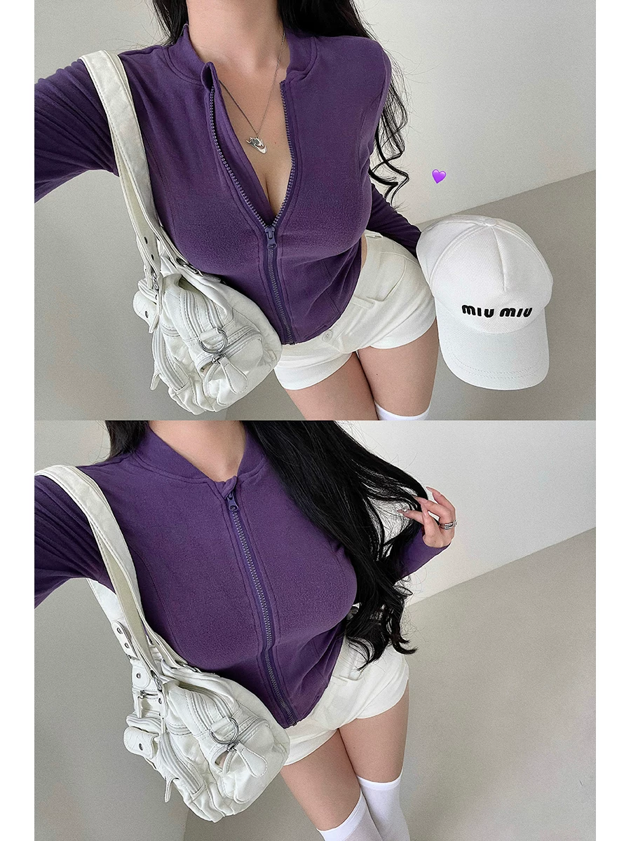 YoungGirlDay Pure Desire nhung bó sát dài tay có khóa kéo áo cardigan thể dục thể thao thường ngày áo sơ mi đáy quần dành cho nữ