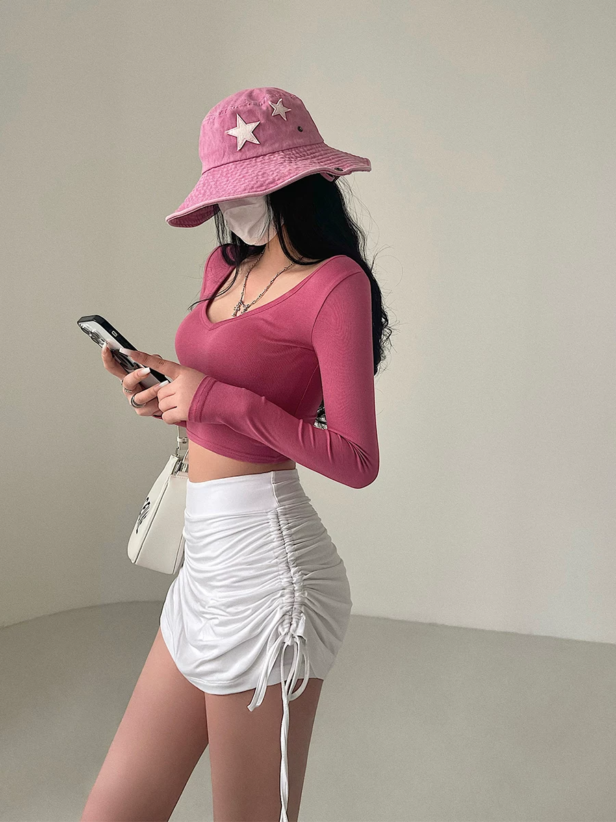 YoungGirlDay Pure Desire Áo crop top ngắn tay cổ chữ V gợi cảm màu trơn dài tay dành cho nữ.