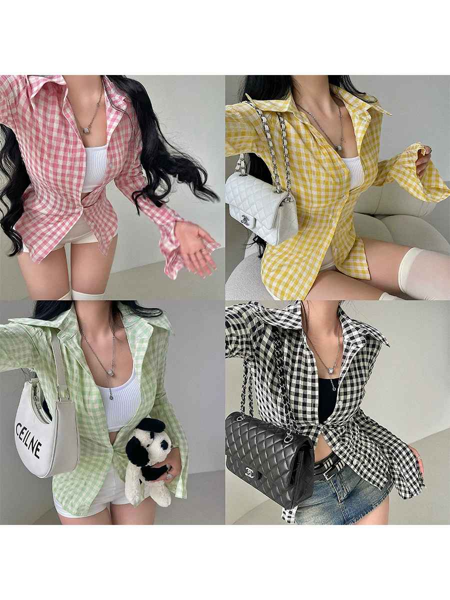 YoungGirlDay Áo sơ mi kẻ sọc ôm vừa vặn cổ bẻ phong cách Âu Mỹ dành cho cô gái cá tính với tay áo chuông xẻ tà.