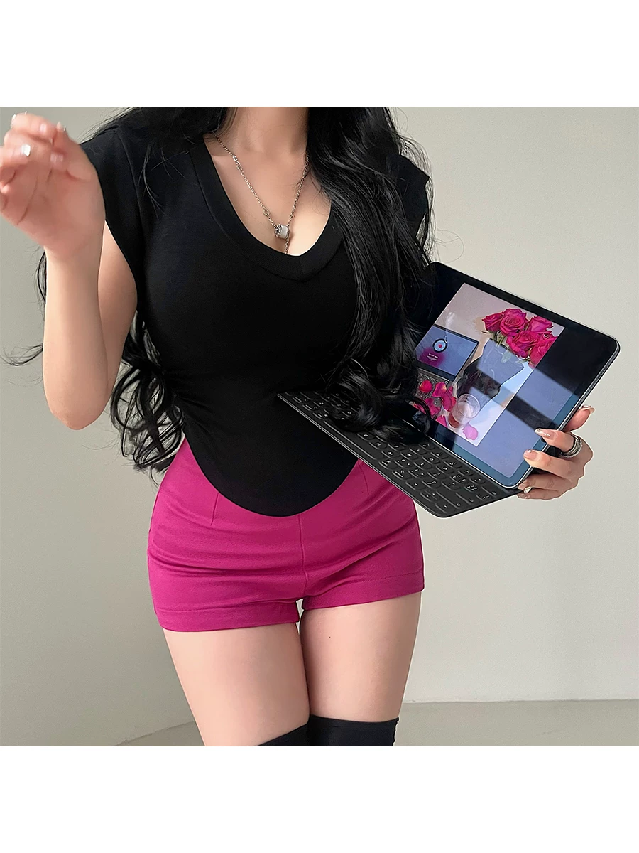 YoungGirlDay khao khát thuần khiết gợi cảm cổ chữ V ôm sát viền xòe viền cong viền cong tay áo nhỏ xòe áo thun