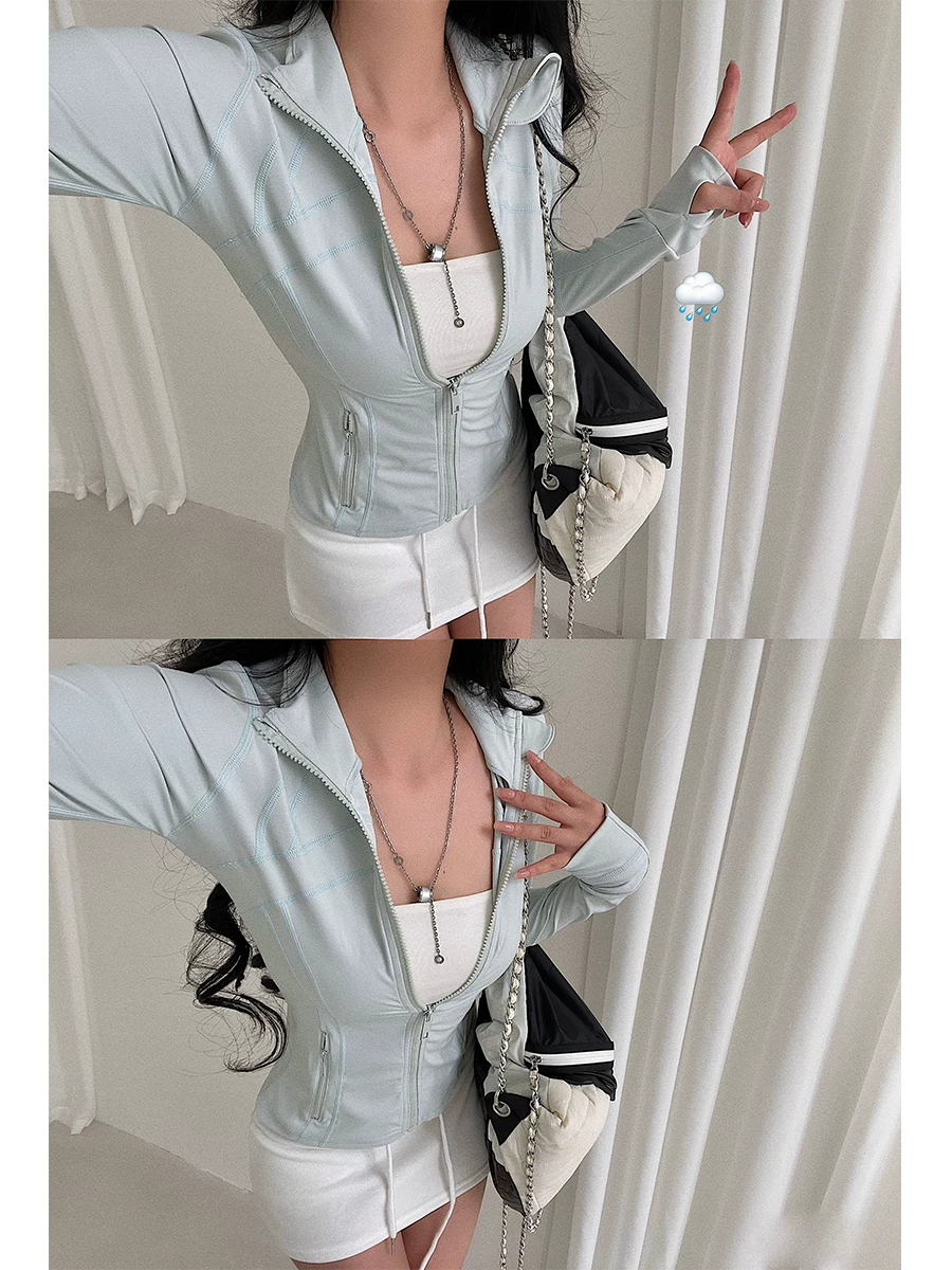 YoungGirlDay pure Desire slim fit chắp vá thắt eo dài tay áo có khóa kéo thể thao giản dị áo khoác chống nắng hàng đầu
