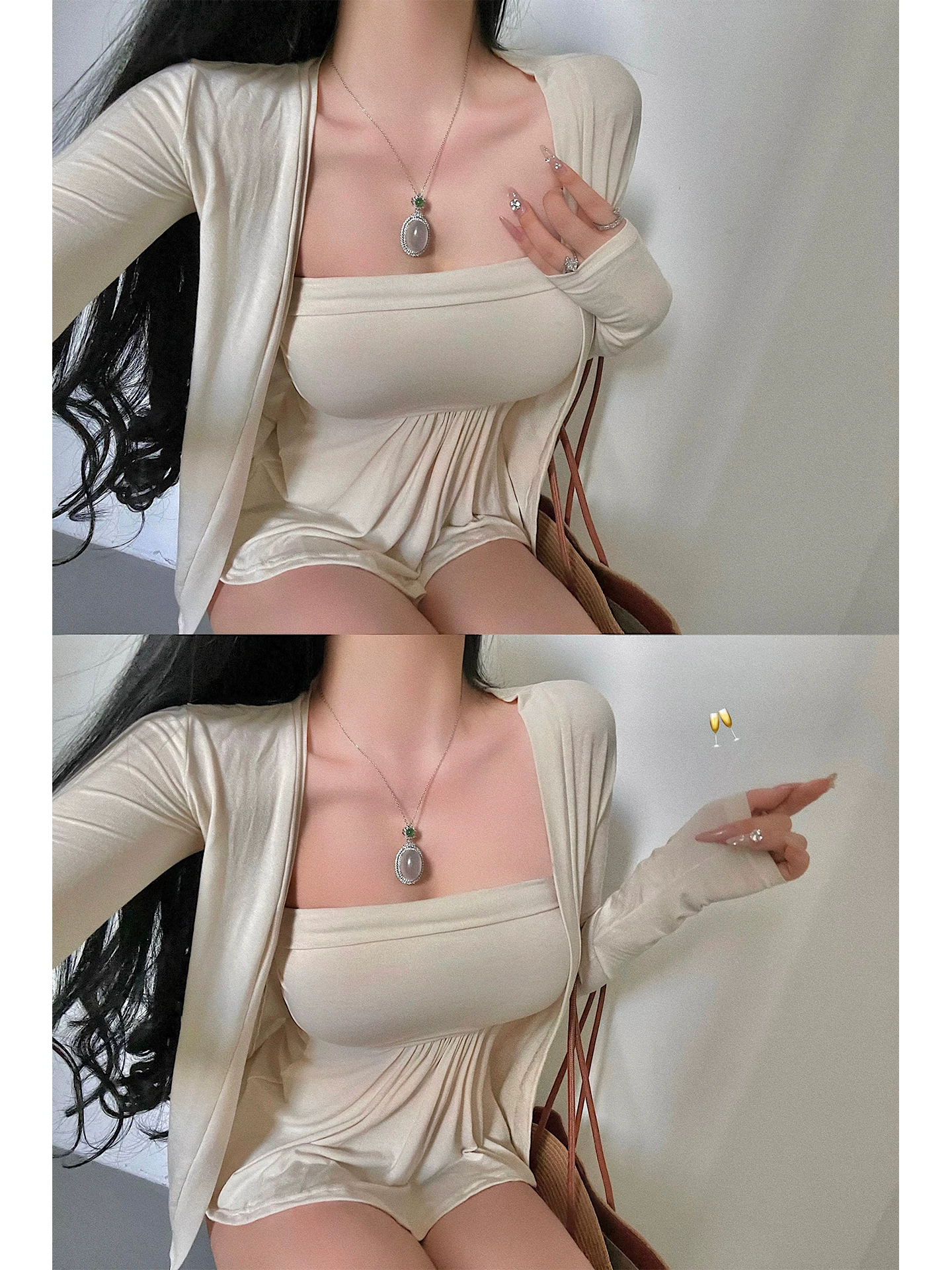 YoungGirlDay khao khát thuần khiết phong cách dịu dàng viền xếp ly gợi cảm có miếng đệm ngực áo vest ống dài tay áo cardigan dài tay