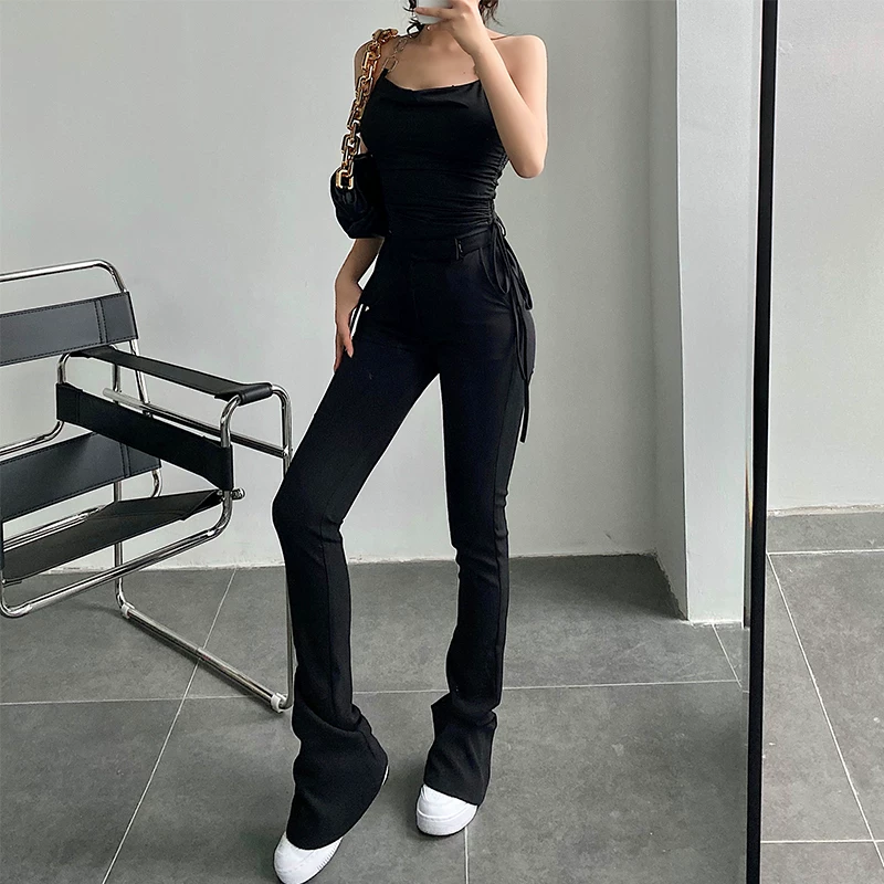 YoungGirlDay 2023 quần âu ống loe cạp cao kiểu dáng châu Âu và Mỹ mới với thiết kế ống loe và dài chạm sàn.