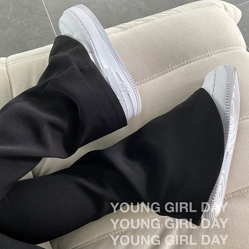 YoungGirlDay 2023 quần âu ống loe cạp cao kiểu dáng châu Âu và Mỹ mới với thiết kế ống loe và dài chạm sàn.