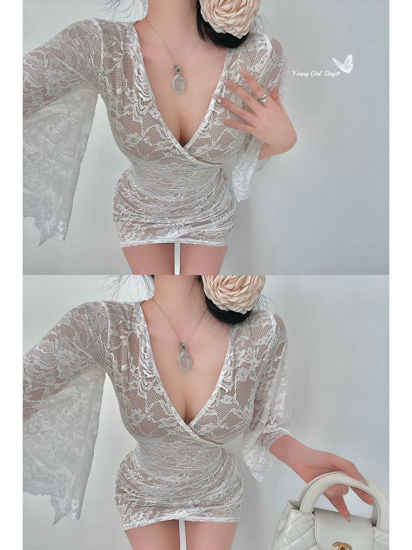 YoungGirlDay Pure Desire Gợi cảm cổ chữ V giảm béo eo tay loe Bodycon Đầm ren Váy ngắn