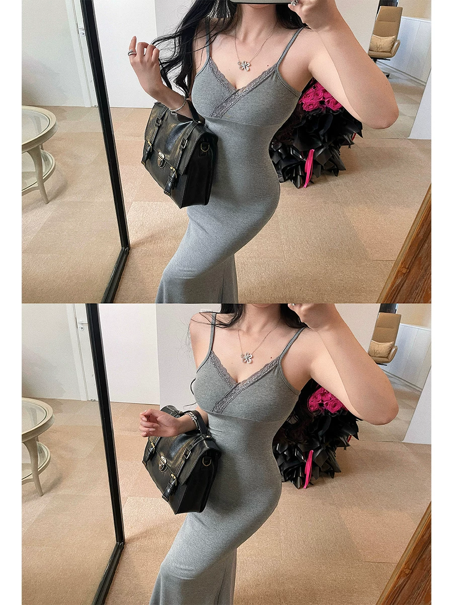 YoungGirlDay Pure Desire Cổ chữ V gợi cảm Slim Fit Bodycon Nàng tiên cá viền ren Váy dài