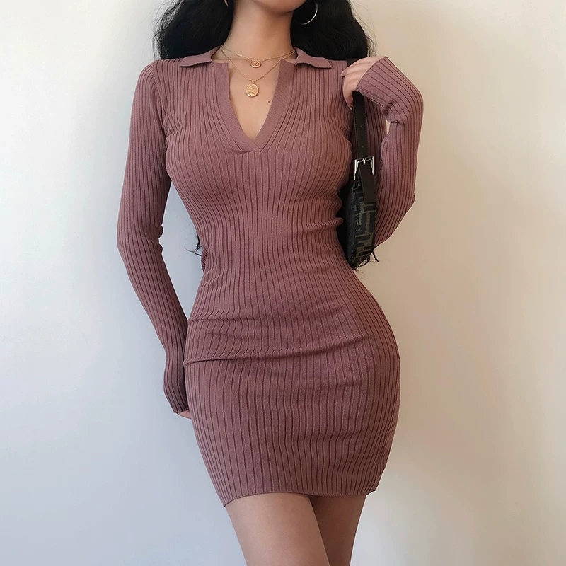 YoungGirlDay Váy dệt kim dài tay cổ chữ V phong cách Âu Mỹ ôm sát hông gợi cảm