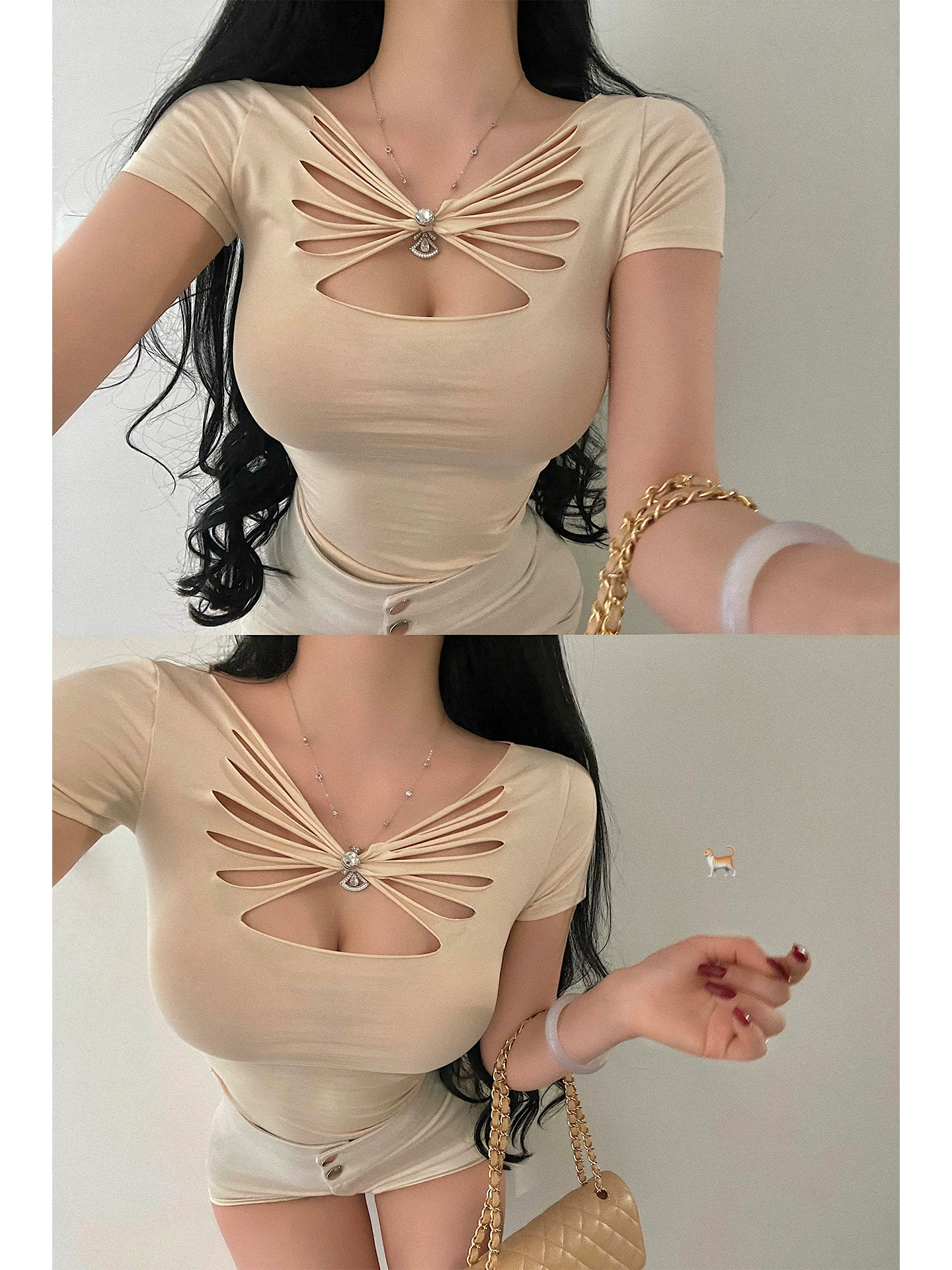 YoungGirlDay Pure Desire Gợi cảm hình con bướm Cutout Slim Fit Co giãn màu trơn Áo thun ngắn tay hàng đầu