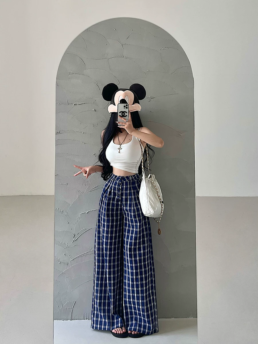 YoungGirlDay Lu Si phong cách quần tây ống rộng kẻ sọc dáng rộng cạp cao kiểu dáng rộng rãi quần dài đến sàn hợp thời trang