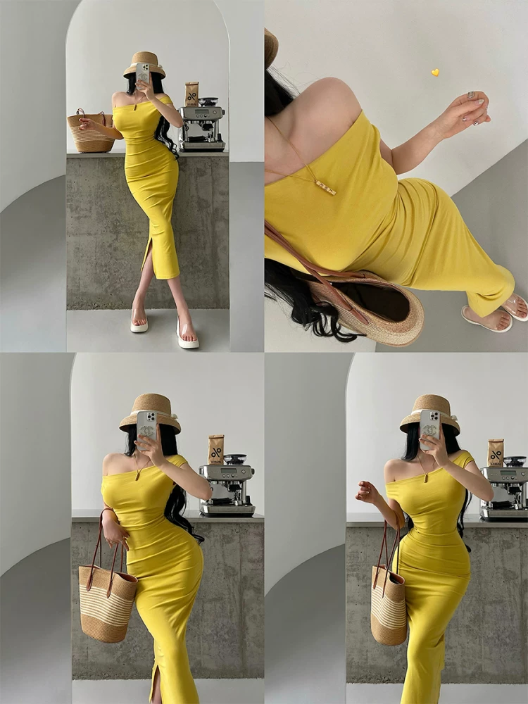 YoungGirlDay phong cách thuần khiết gợi cảm, đầm ôm sát một vai, eo xếp ly, xẻ tà, dài vừa phải