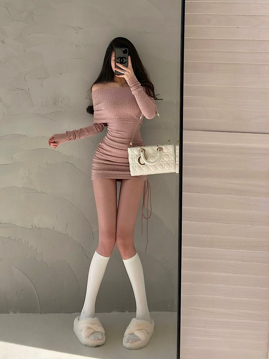 YoungGirlDay khao khát thuần khiết gợi cảm một vai ôm sát dây rút xếp nếp dài tay váy ôm sát váy ngắn