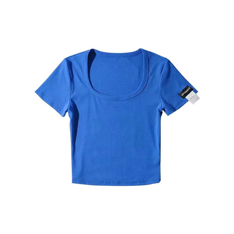 Áo crop top ngắn ôm sát cổ chữ U gợi cảm của YoungGirlDay, lộ rốn và tay áo ngắn, màu trơn.