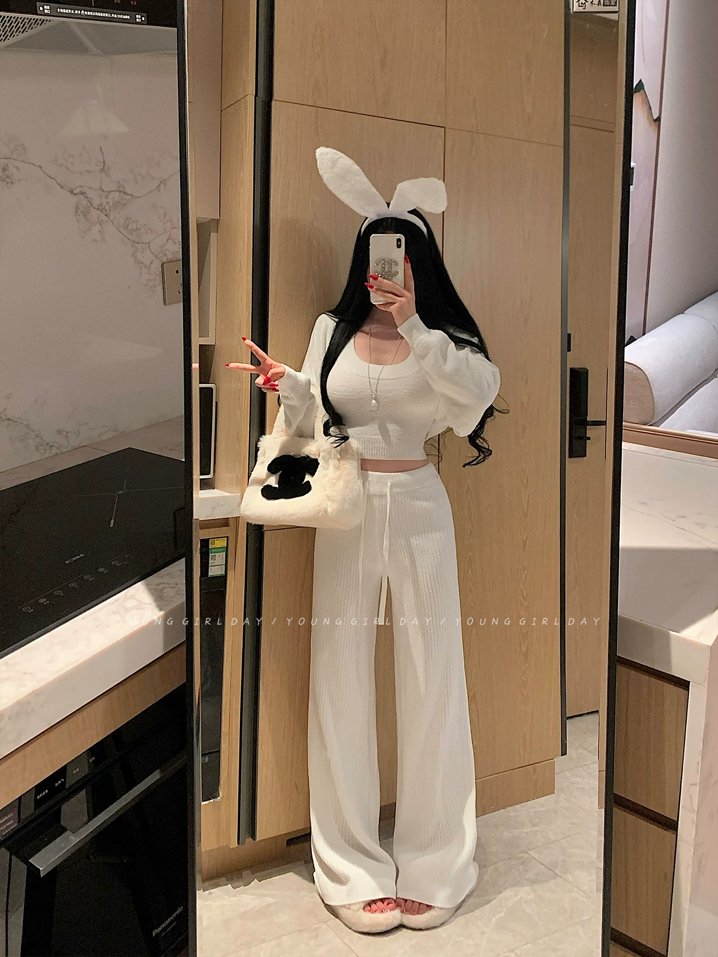 YoungGirlDay Năm mới và Giáng sinh áo vest thuần khiết gợi cảm khăn choàng dài tay quần dài có dây rút quần tây dệt kim