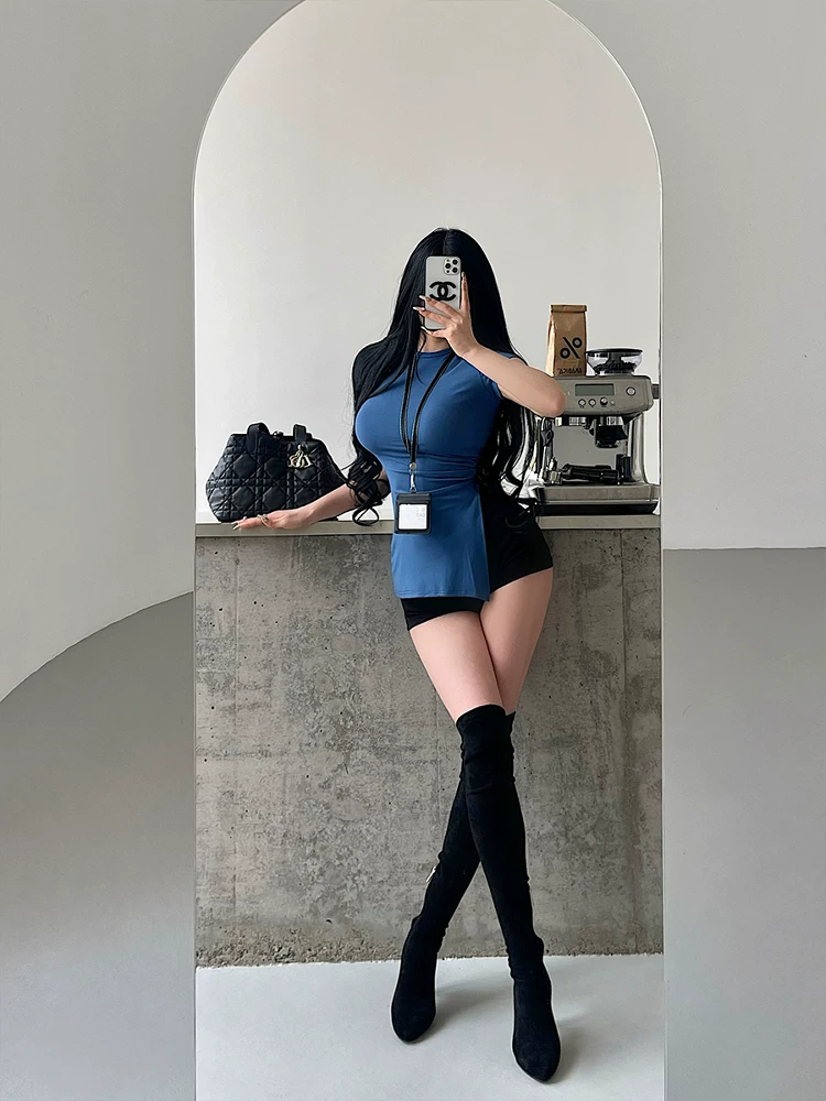 YoungGirlDay khao khát thuần khiết gợi cảm ôm sát eo xếp nếp xẻ tà V-hem áo thun ngắn tay