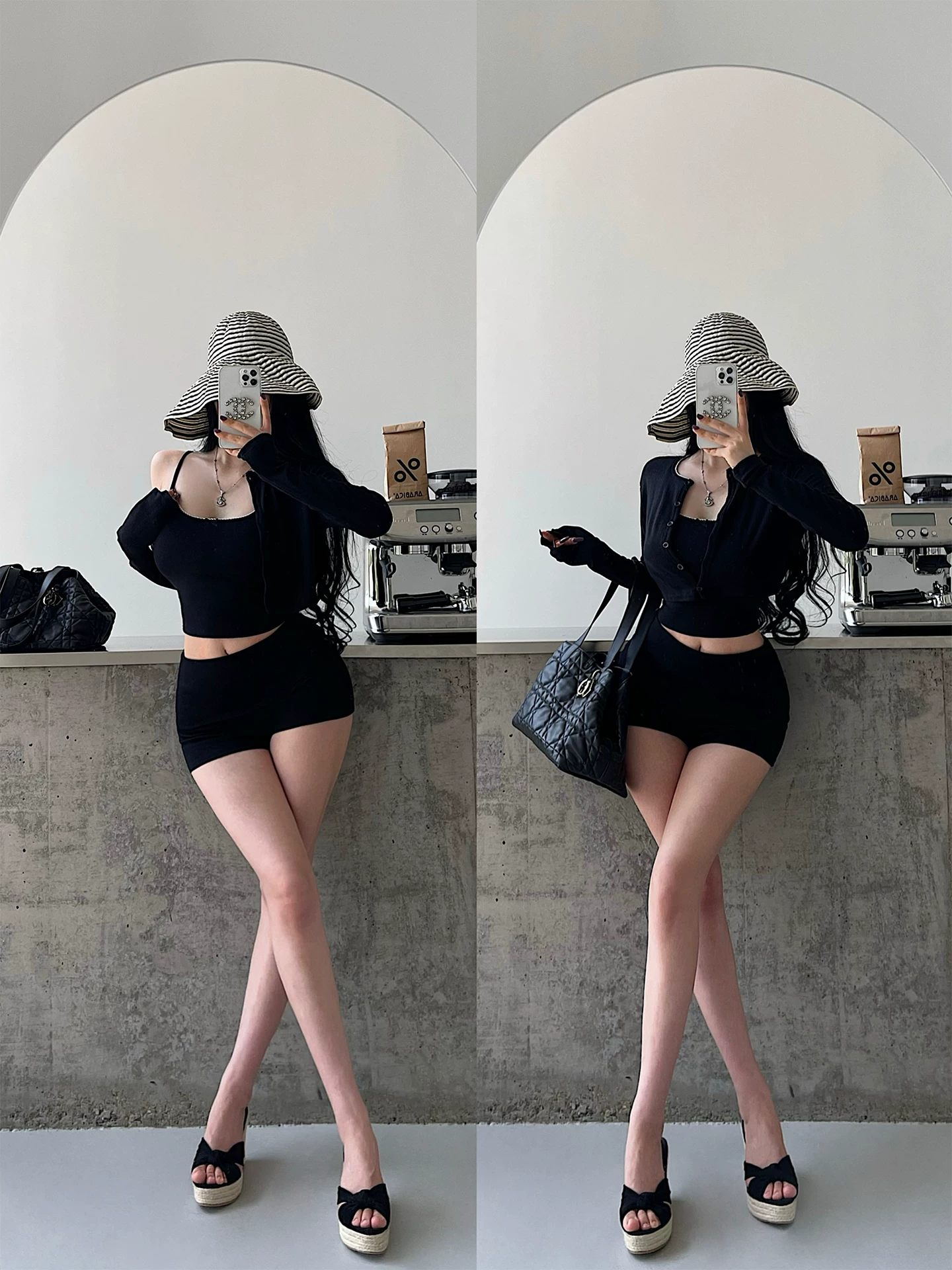 YoungGirlDay phong cách thuần khiết gợi cảm áo yếm dài tay cài cúc đơn, bộ quần short hai lớp ôm eo