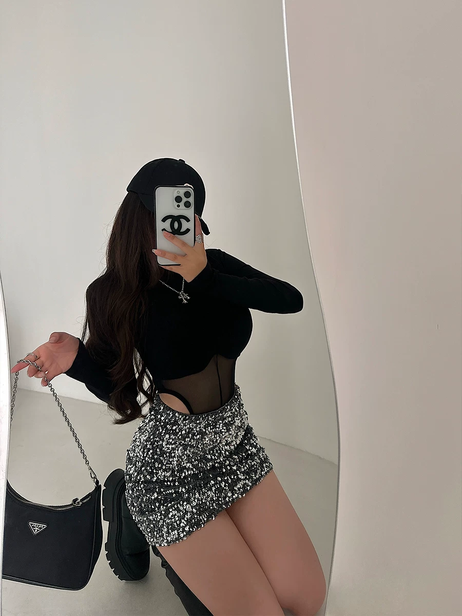 YoungGirlDay Váy ngắn ôm sát eo cao, lấp lánh, gợi cảm và thời trang, chống lộ hàng.
