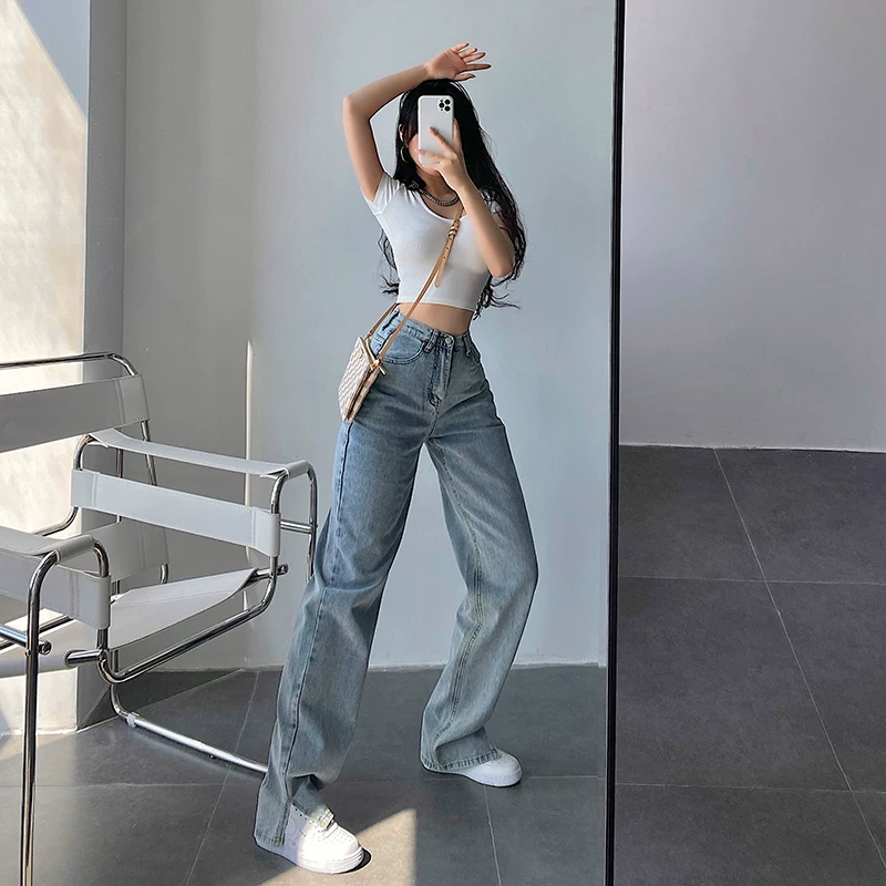 YoungGirlDay 2023 quần jean denim xẻ tà dài đến sàn, cạp cao, vừa vặn, đa năng, mới lạ năm 2023.