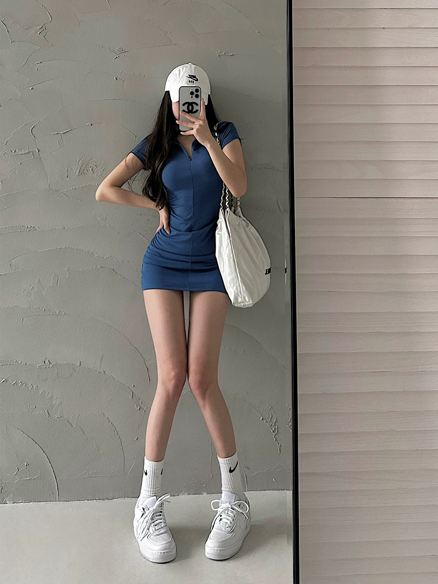 YoungGirlDay phong cách thuần khiết gợi cảm có dây kéo ve áo ôm vừa vặn xếp nếp tay ngắn váy bodycon váy ngắn