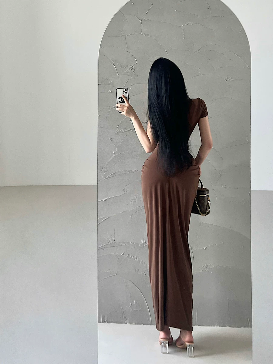 YoungGirlDay Váy ngắn tay ngắn kiểu dáng Kardashian phong cách châu Âu và Mỹ gợi cảm, cổ chữ V sâu, ôm eo, viền xếp nếp, váy dài.
