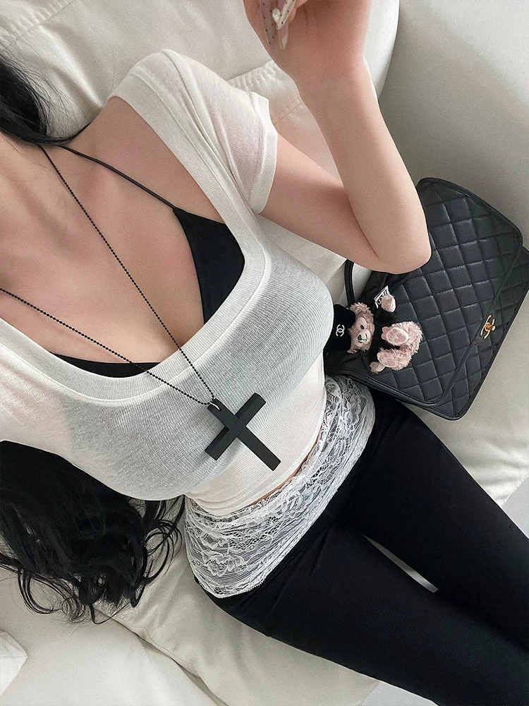 YoungGirlDay pure Desire vibe gợi cảm cổ chữ U ôm sát eo thon gọn màu trơn hơi xuyên thấu áo thun ngắn tay