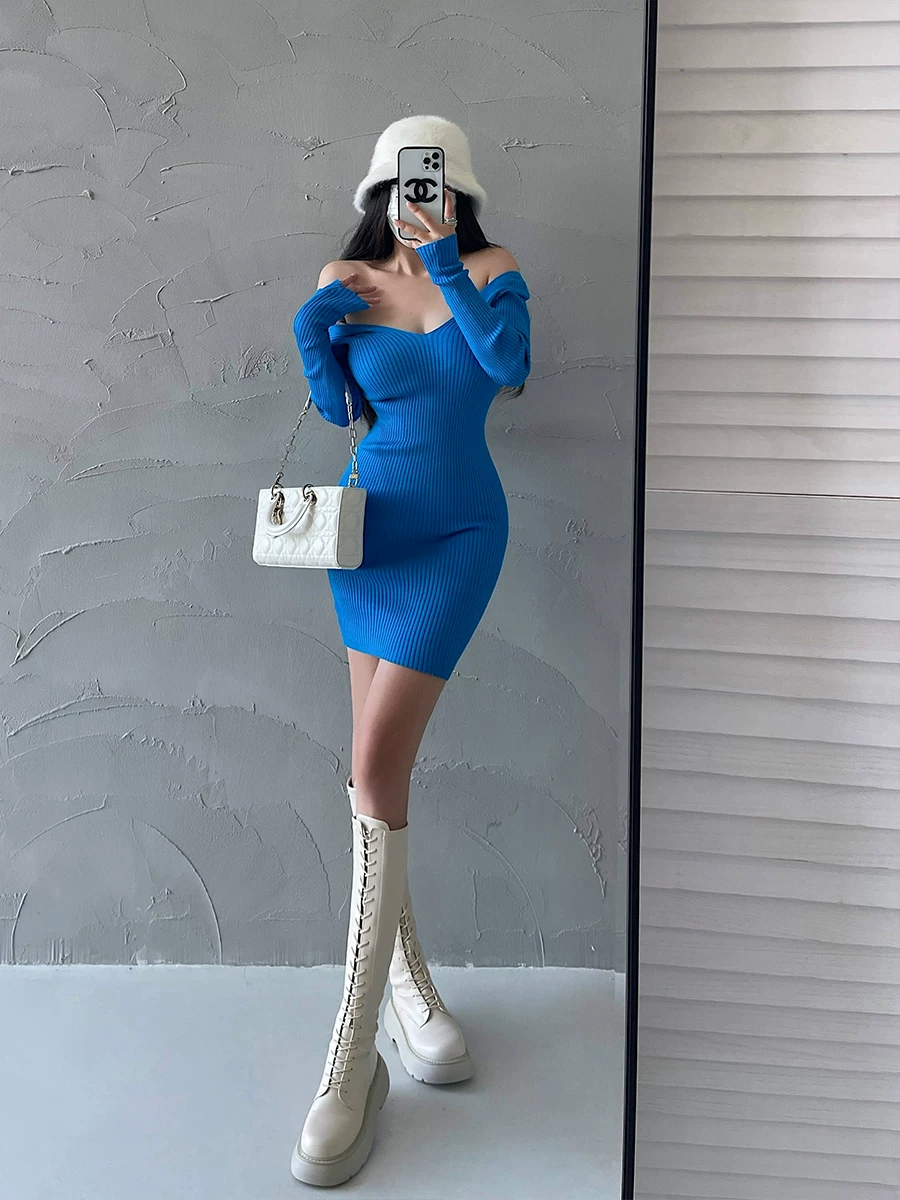 YoungGirlDay Pure Desire Style Phong cách gợi cảm cổ chữ V Slim Fit dài tay dệt kim Váy ngắn Bodycon.
