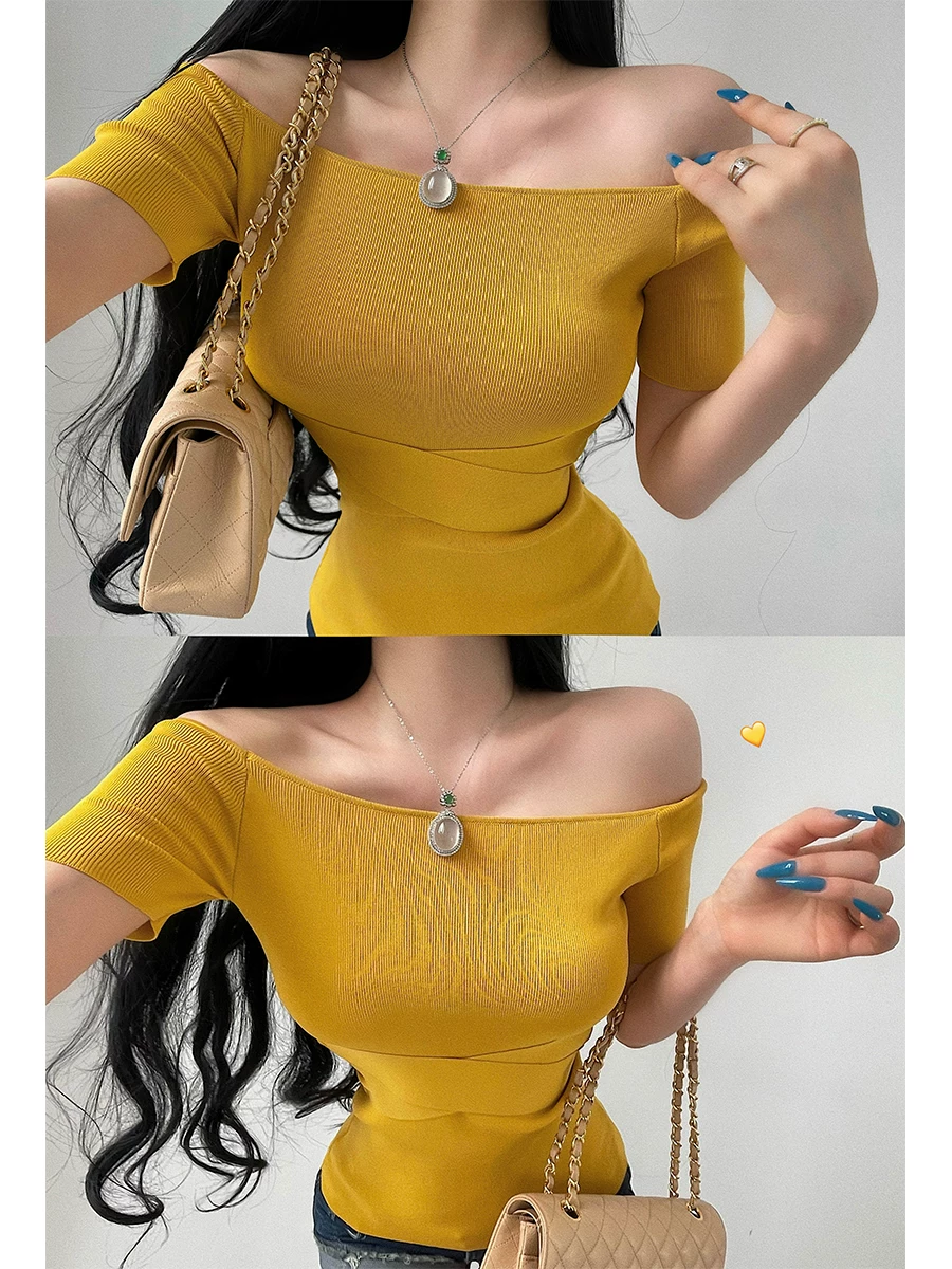 YoungGirlDay Pure Desire Style Áo thun dệt kim tay ngắn lệch vai gợi cảm, thắt eo, giảm béo eo.