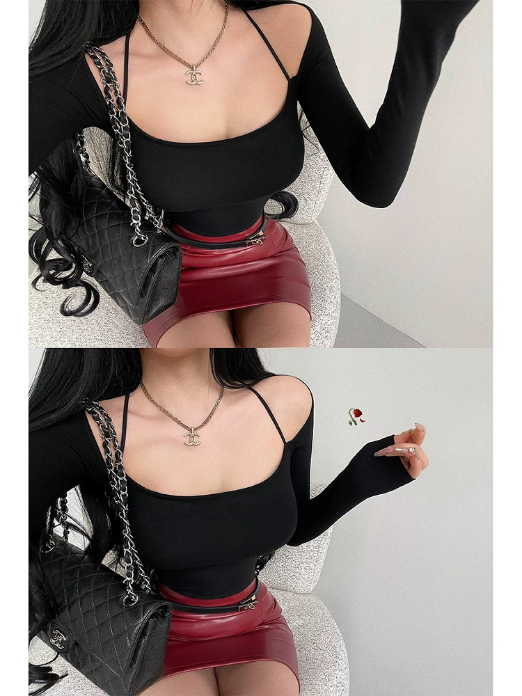 YoungGirlDay Pure Desire Hot Girl Thiết kế lệch vai gợi cảm Áo thun dài tay vừa vặn có đệm ngực tích hợp