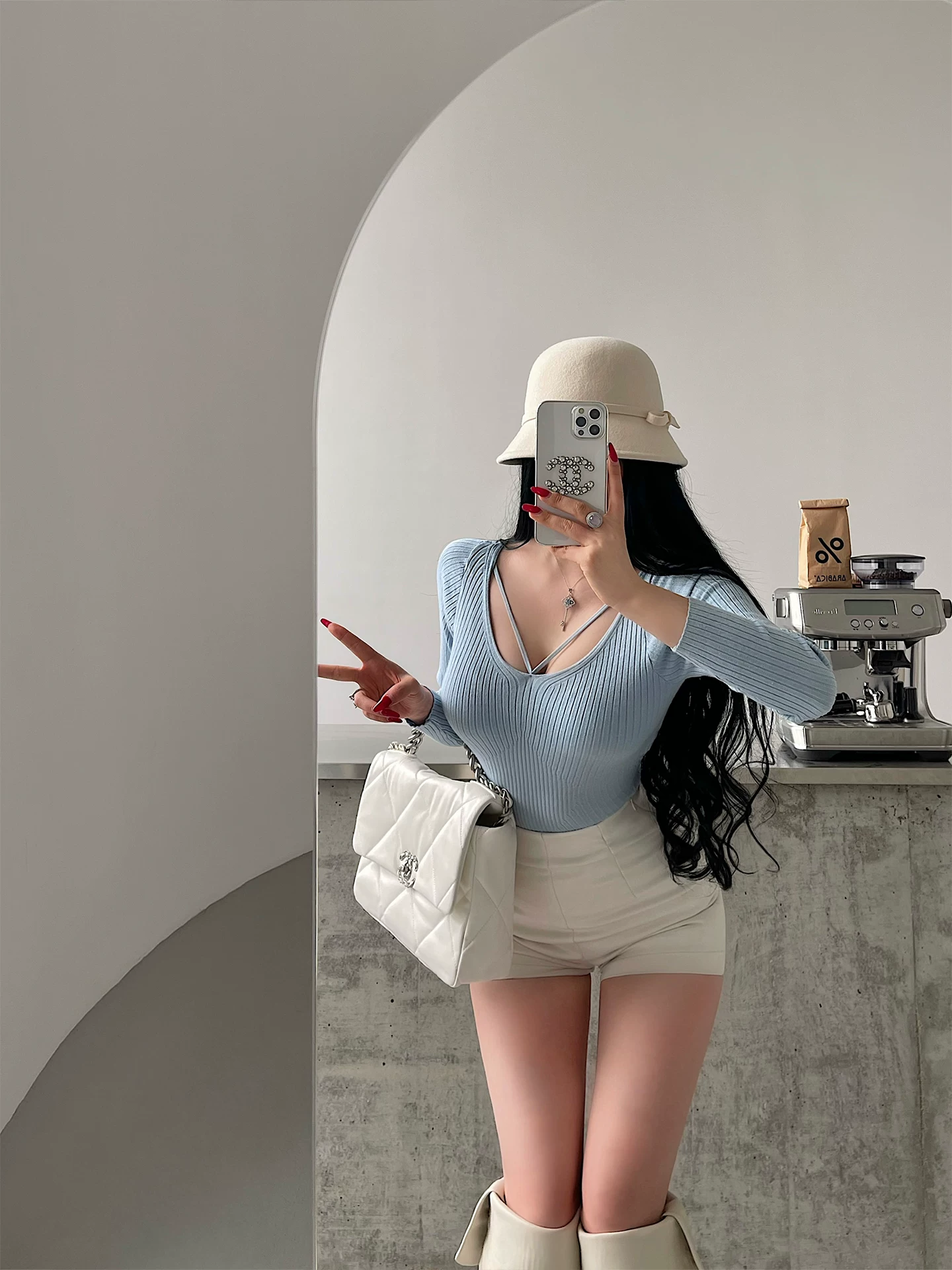 YoungGirlDay Pure Desire Style Phong cách gợi cảm cổ chữ U buộc dây chéo Slim Fit Áo dệt kim dài tay