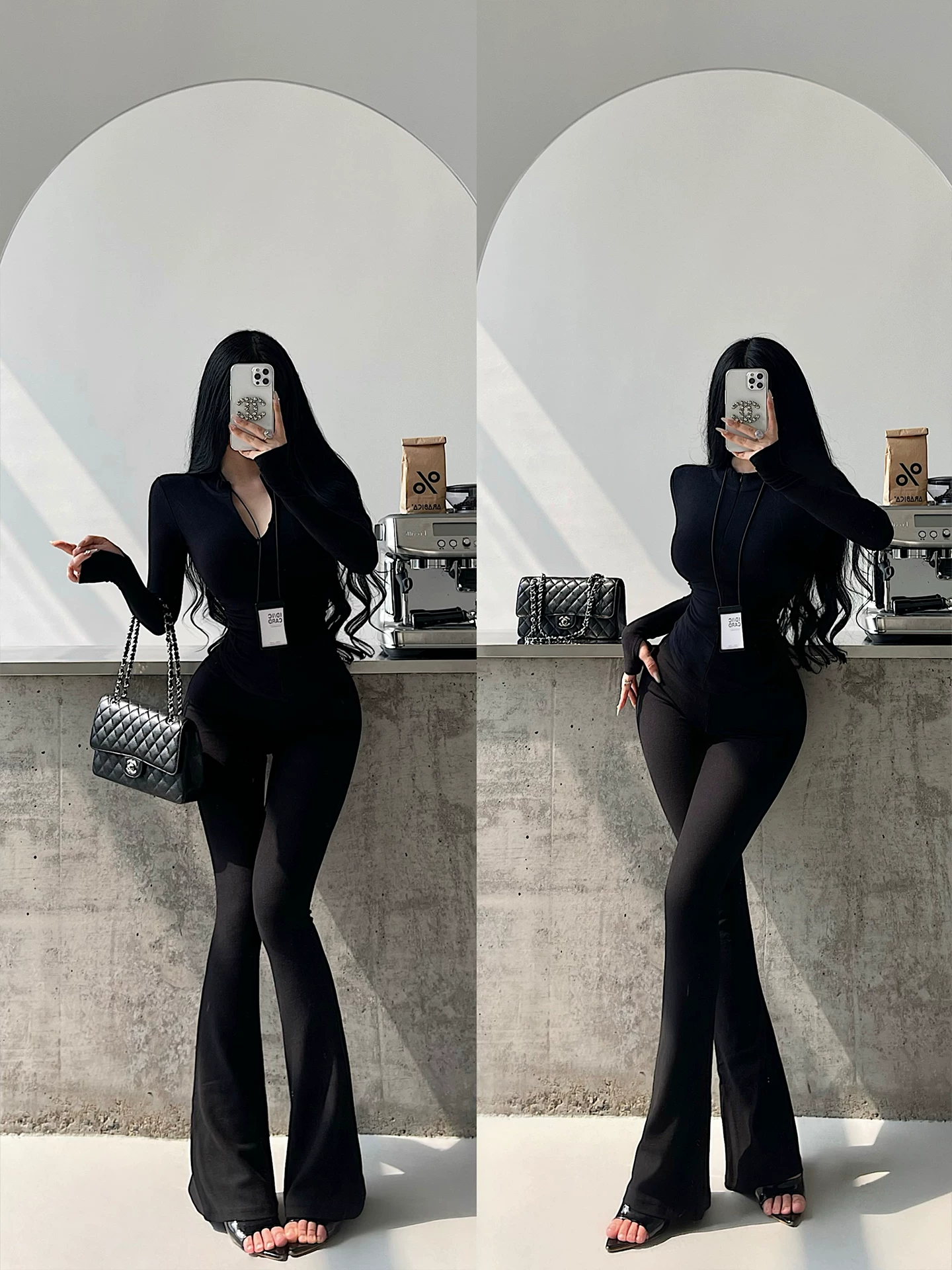Bộ trang phục phong cách YoungGirlDay gồm áo xếp ly có khóa kéo ở eo và quần ống loe cạp cao.