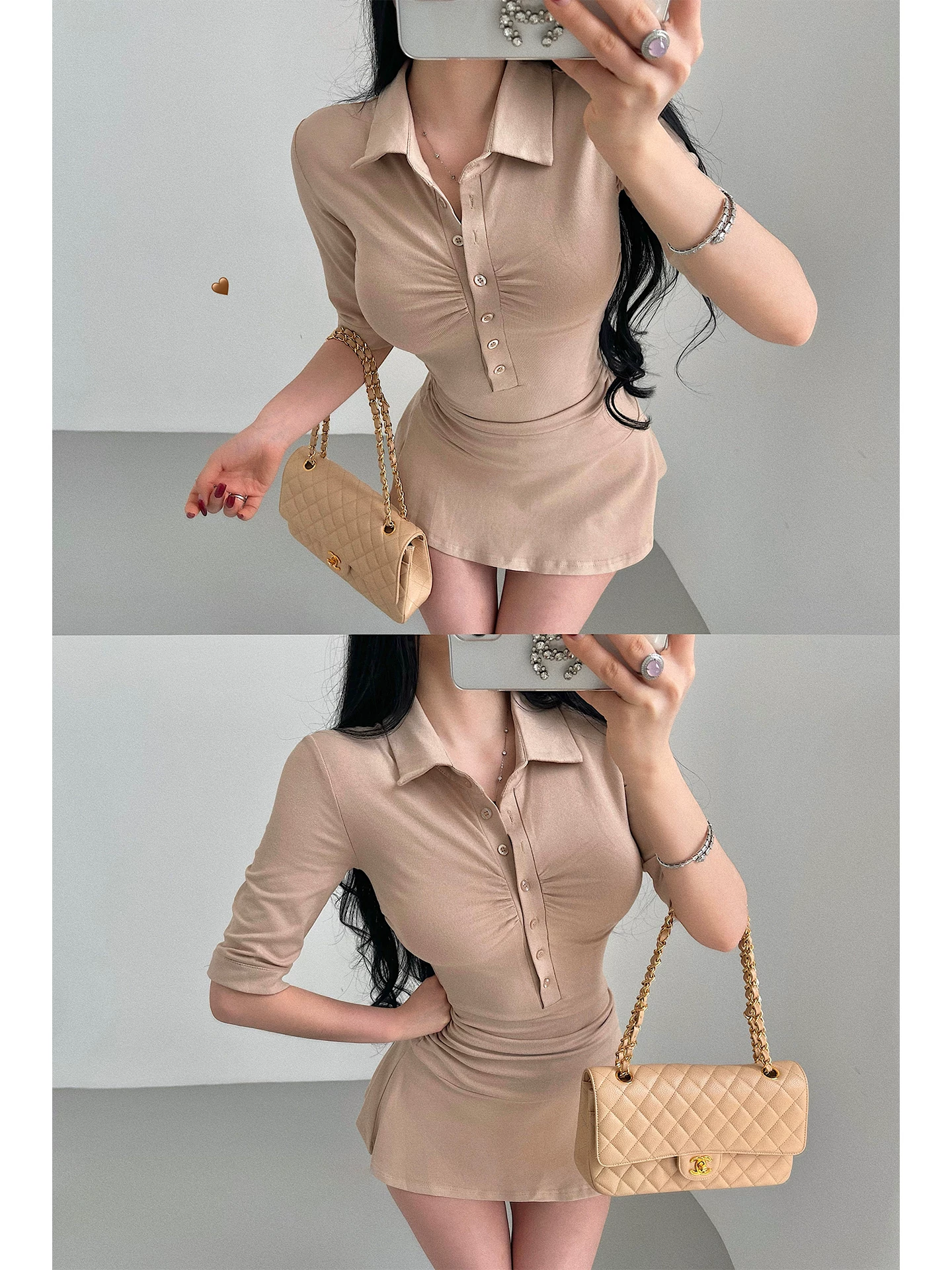 YoungGirlDay Pure Desire Gợi cảm có ve áo, dáng ôm vừa vặn, eo xếp nếp, váy chữ A, bộ quần short