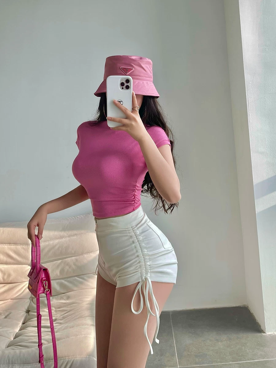 YoungGirlDay Pure Desire Gợi cảm Slim Fit Cổ cao xếp nếp Áo thun ngắn tay ngắn dành cho nữ.