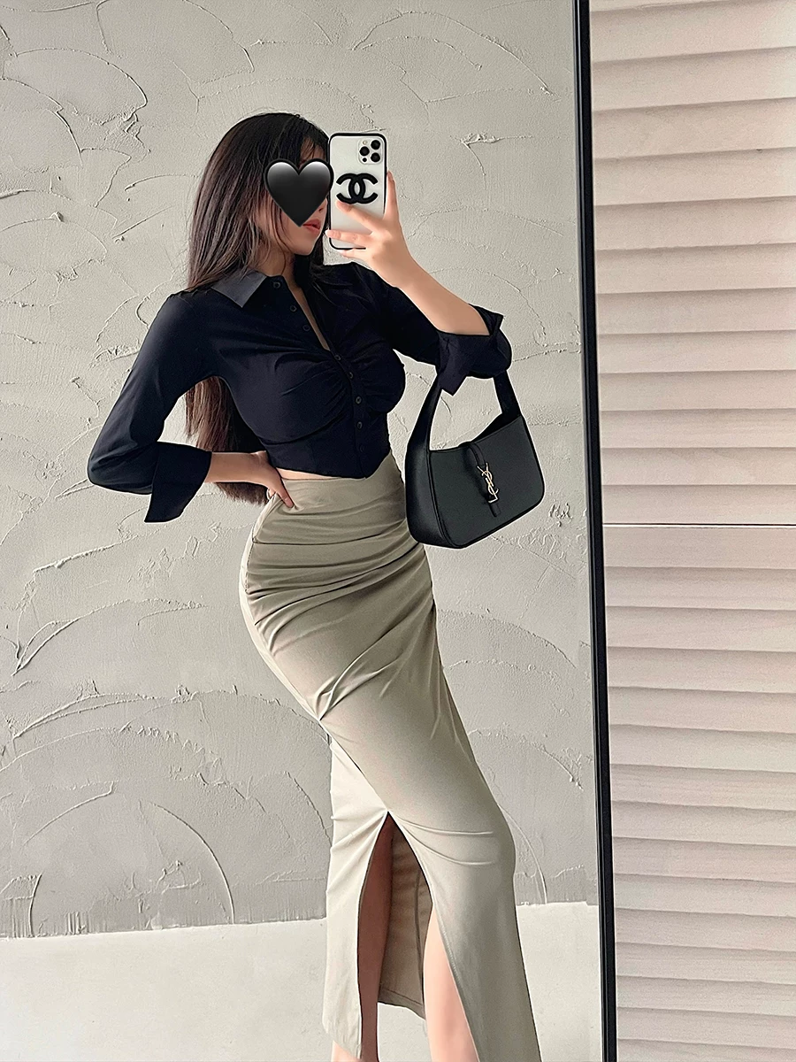 Áo sơ mi nữ YoungGirlDay kiểu dáng đơn giản, gợi cảm, xếp ly, eo thon, tay dài, cổ áo ngắn, chất liệu mềm mại.