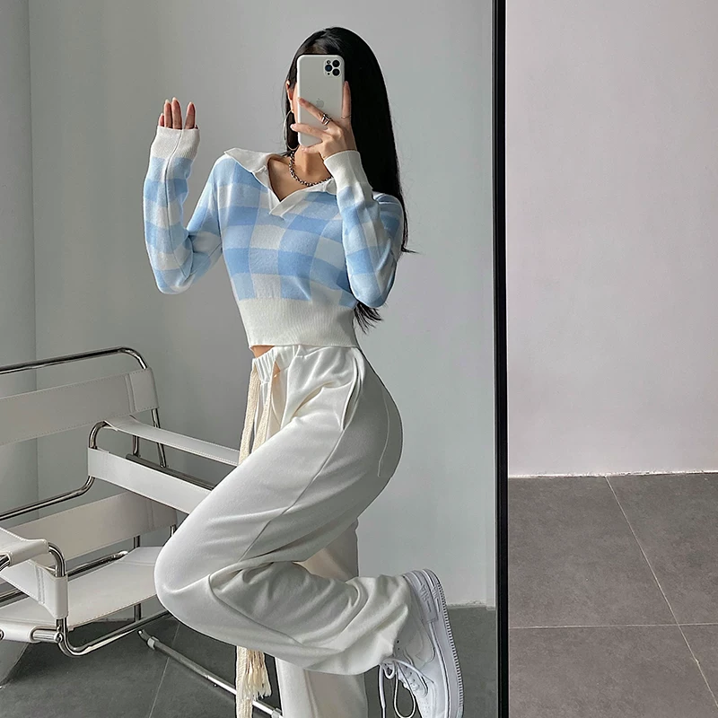 YoungGirlDay Áo len kẻ sọc cổ điển kiểu Mỹ kiểu dáng ôm sát eo ngắn, áo len dệt kim dài tay hợp thời trang