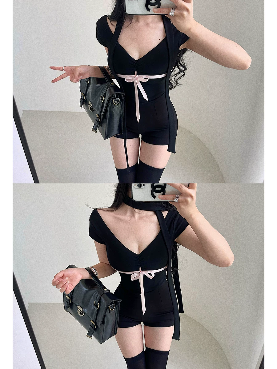 YoungGirlDay khao khát thuần khiết cô gái ngọt ngào gợi cảm cổ chữ V ôm sát cổ áo thắt nơ nơ áo thun ngắn tay