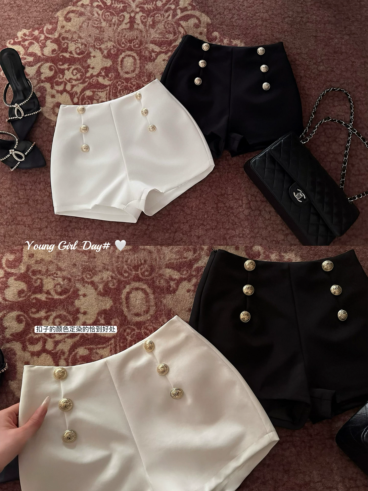 YoungGirlDay Quần short giảm béo cạp cao gợi cảm phong cách Hàn Quốc có trang trí nút, thiết kế ôm hông, hiệu ứng kéo dài chân, quần short thường ngày, quần hot pants.