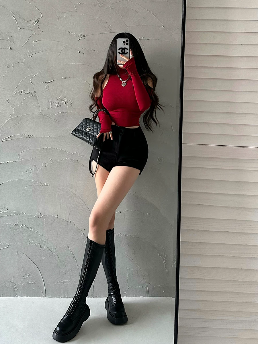 YoungGirlDay pure Desire hot girl sexy áo crop top ngắn bó sát cổ cao có tay áo hở rốn Áo thun có tay áo hở rốn