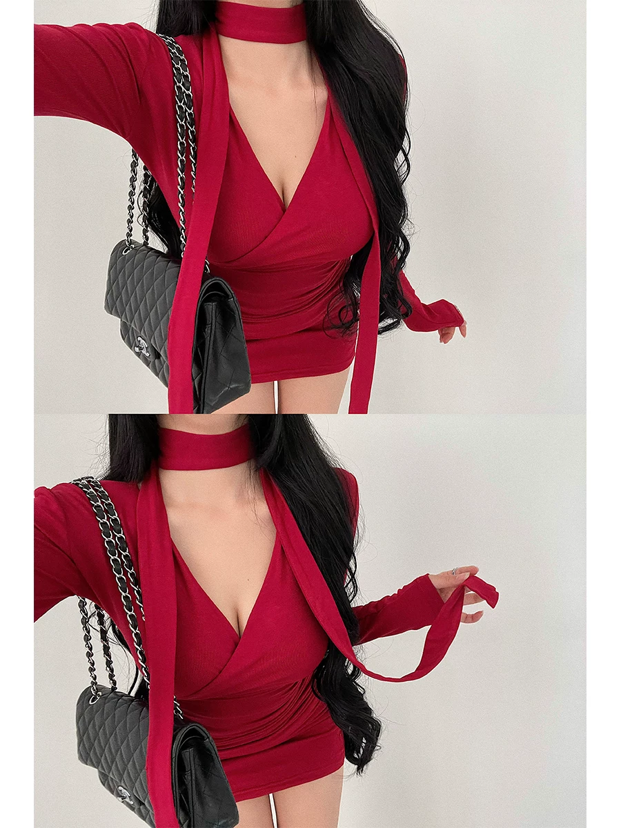 YoungGirlDay Pure Desire Style Váy ngắn tay dài cổ chữ V gợi cảm có dây buộc cổ và eo xếp nếp.
