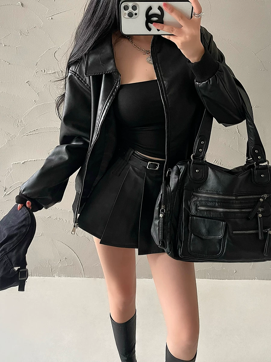YoungGirlDay Maillard Váy xếp ly bằng da PU chống lộ eo cao gợi cảm có thắt lưng.
