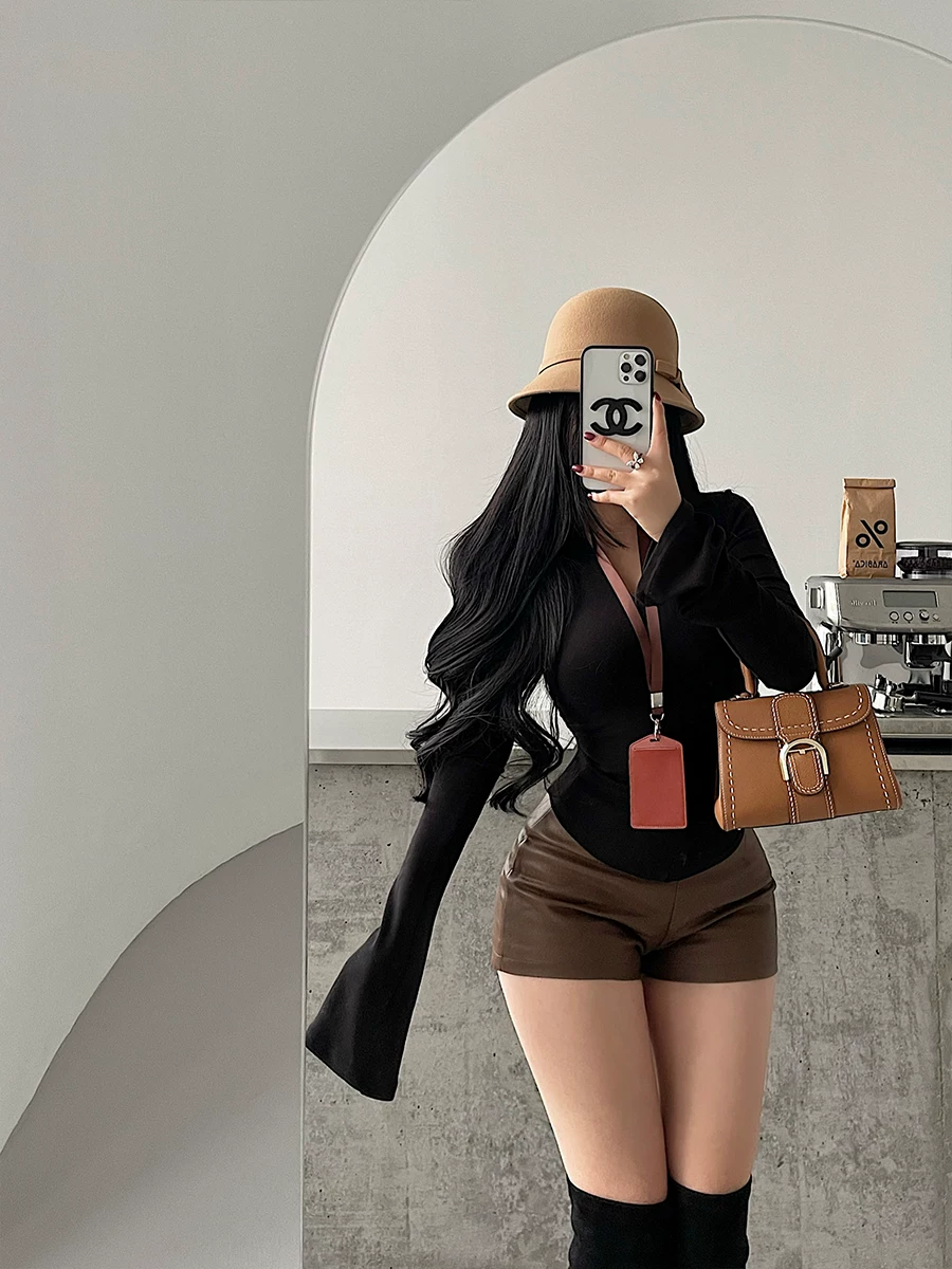 YoungGirlDay khao khát thuần khiết gợi cảm cổ chữ V ôm sát eo, áo sơ mi cơ bản có tay áo dài loe, áo thun dài tay