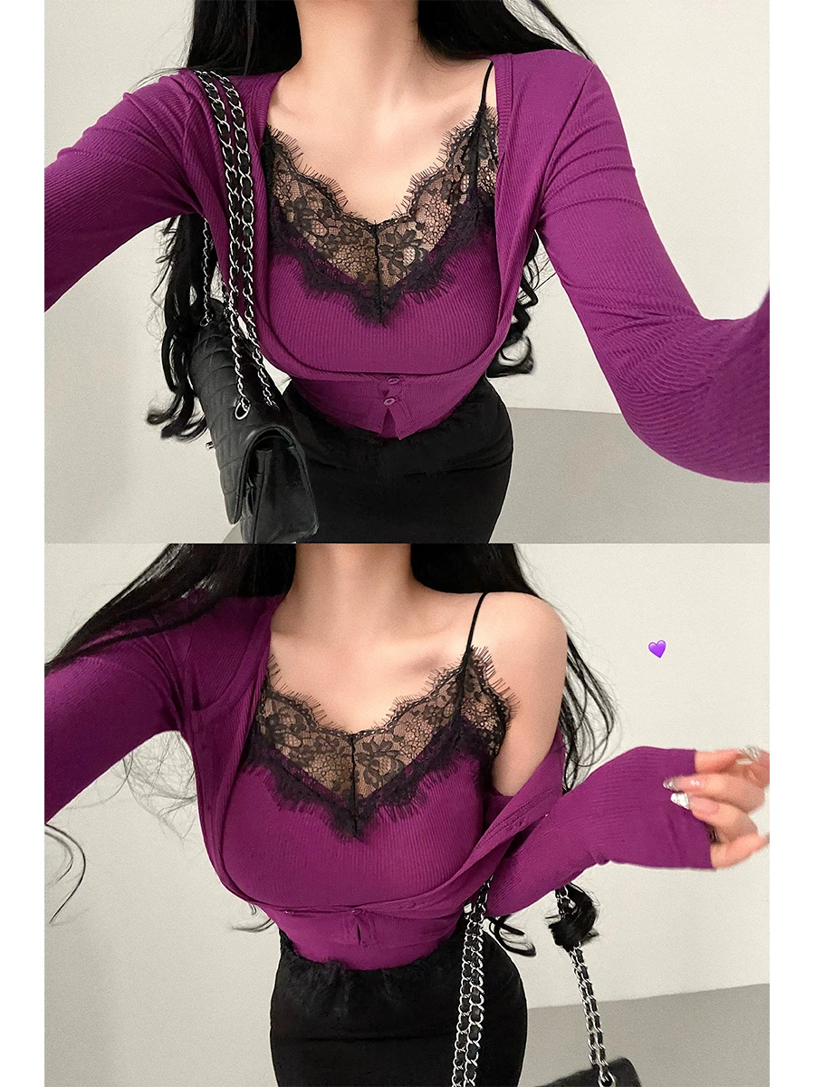 YoungGirlDay pure Desire vibe ren chắp vá áo yếm có dây đeo ngực đơn dài tay áo cardigan