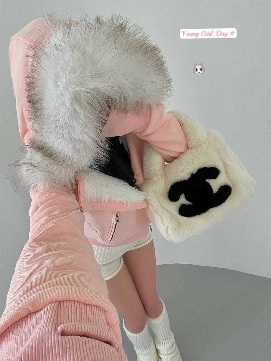 YoungGirlDay khao khát thuần khiết cô gái ngọt ngào có mũ trùm đầu cổ lông có khóa kéo lót lông cừu dày bên trong áo nỉ áo khoác cotton