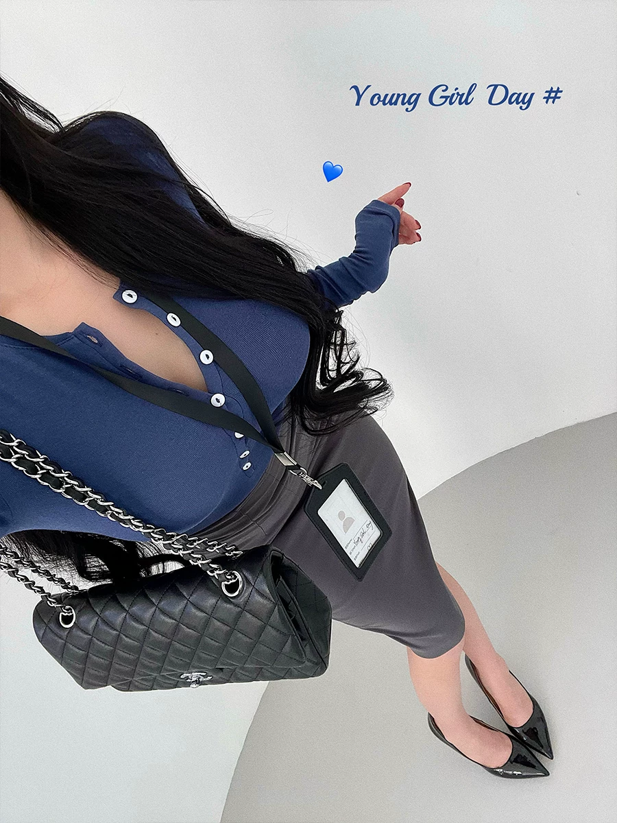 Áo thun cơ bản YoungGirlDay cổ tròn, một hàng khuy, co giãn, ôm sát, dài tay