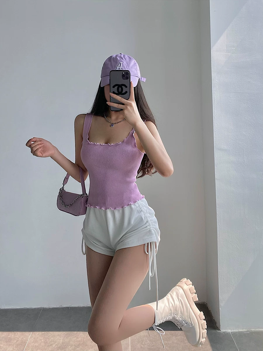 YoungGirlDay khao khát thuần khiết gợi cảm ôm sát màu trơn dây đeo vai rộng co giãn dệt kim viền ren áo yếm