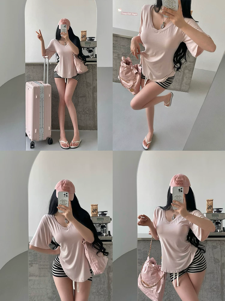 YoungGirlDay Pure Desire phong cách lười biếng cổ chữ V dáng rộng giảm béo tay áo mỏng có kết cấu mỏng như nước dành cho nữ.