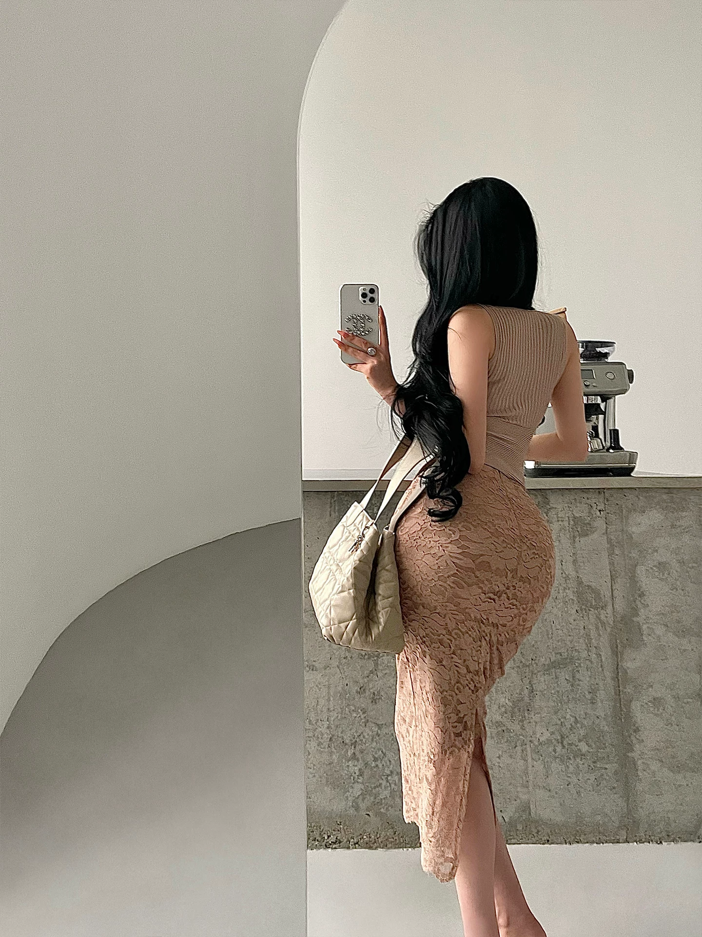 YoungGirlDay Jiangnan Beauty Pure Desire Style Váy ren xẻ lưng eo cao kiểu dáng Bodycon dài vừa phải.