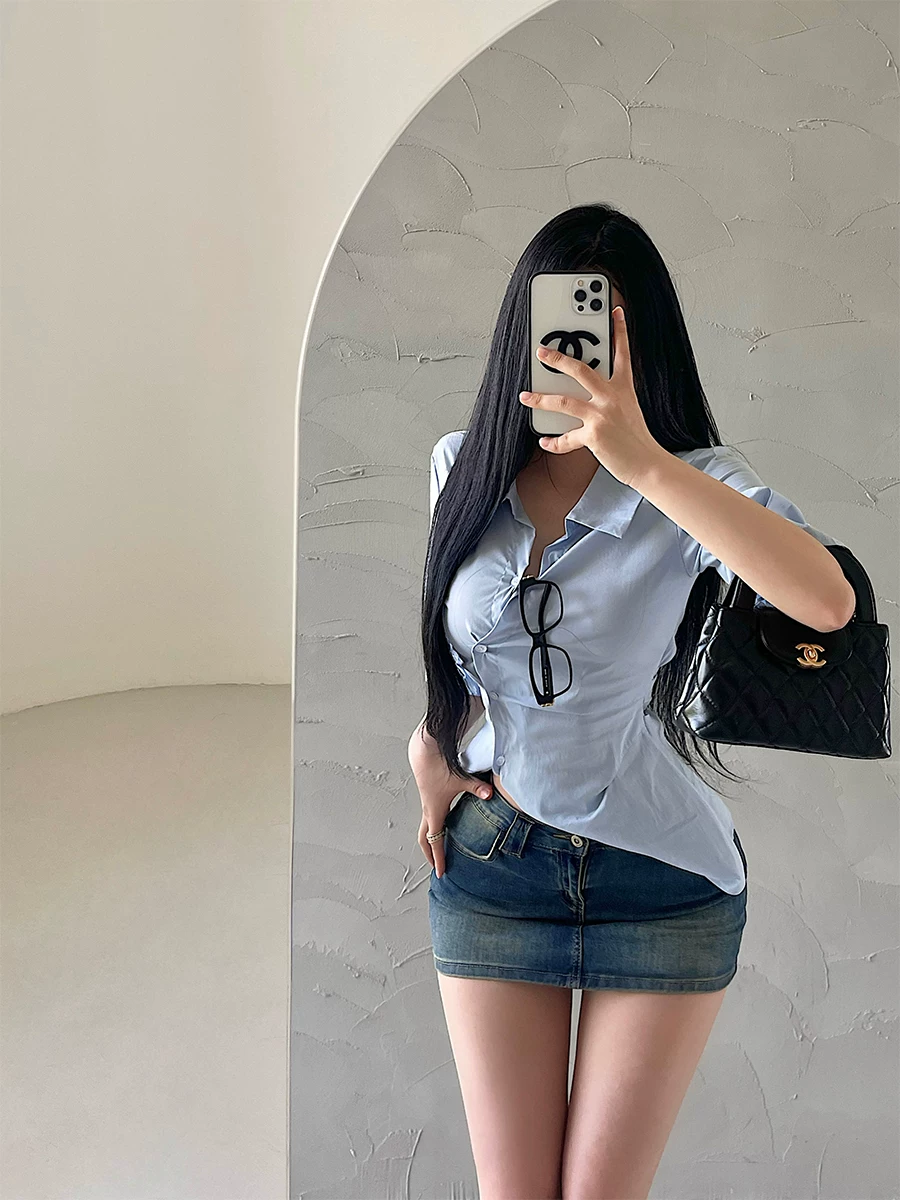 YoungGirlDay Váy denim cạp cao kiểu Mỹ cổ điển có quần short an toàn để chống lộ, váy ngắn ôm sát cơ thể.