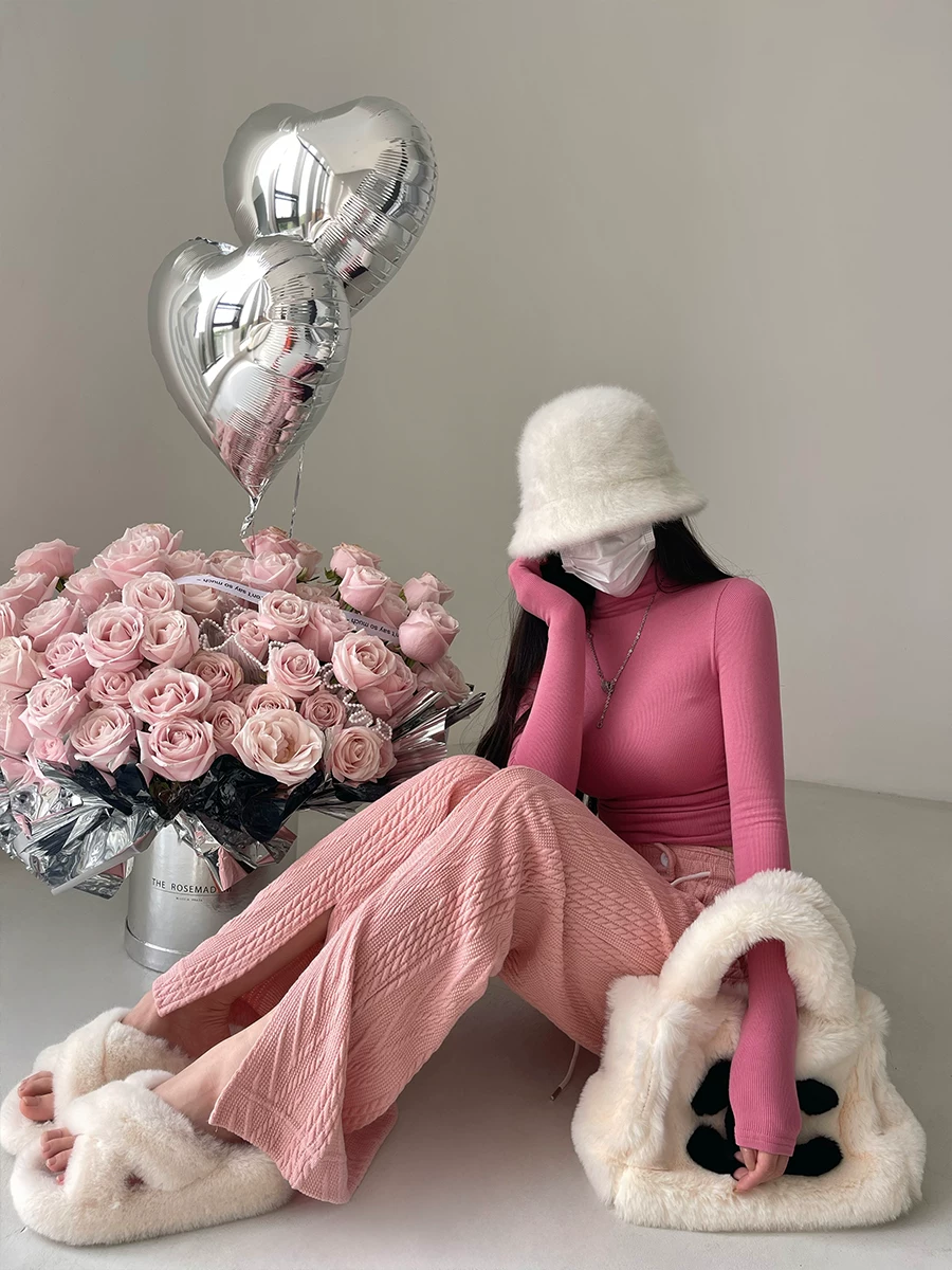 YoungGirlDay khao khát thuần khiết tuổi trẻ, quần dài cạp cao dáng rộng có dây rút, quần dệt kim xẻ tà phía trước, quần dài đến sàn