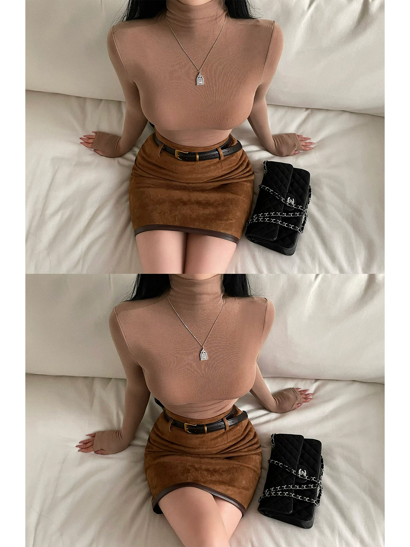 YoungGirlDay Váy ôm hông bằng da lộn dài vừa phải, cạp cao gợi cảm, có đường xẻ phía sau và thắt lưng.