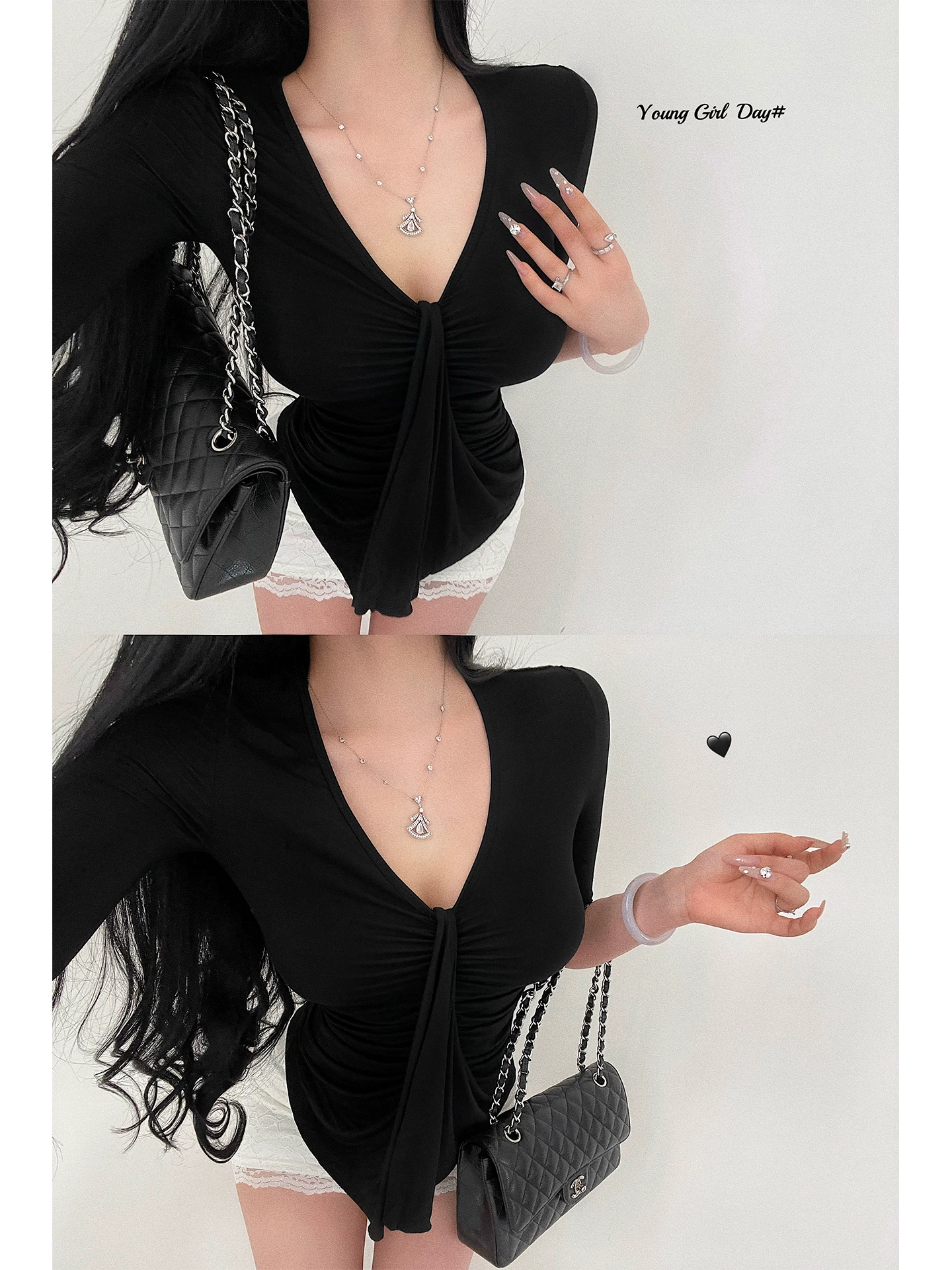 YoungGirlDay khao khát thuần khiết hot girl gợi cảm cổ chữ V ôm sát không đều xếp ly viền áo thun ngắn tay