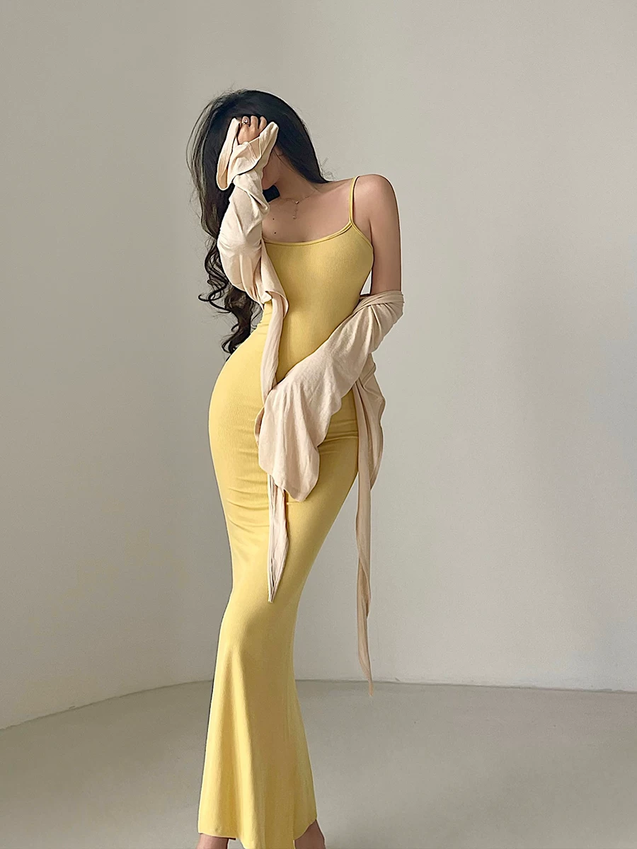 YoungGirlDay phong cách thuần khiết gợi cảm, ôm sát cơ thể, co giãn, đầm dây đuôi cá, đầm dài